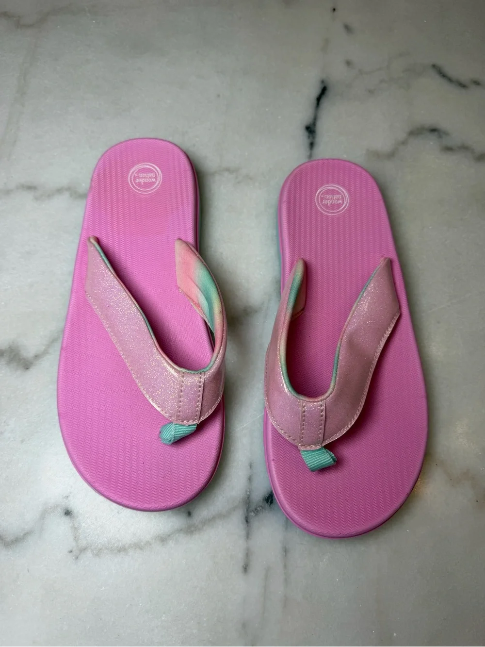 NWOT Wonder Nation Kids Pink Glitter Flip Flop Sandals with Mint Accent